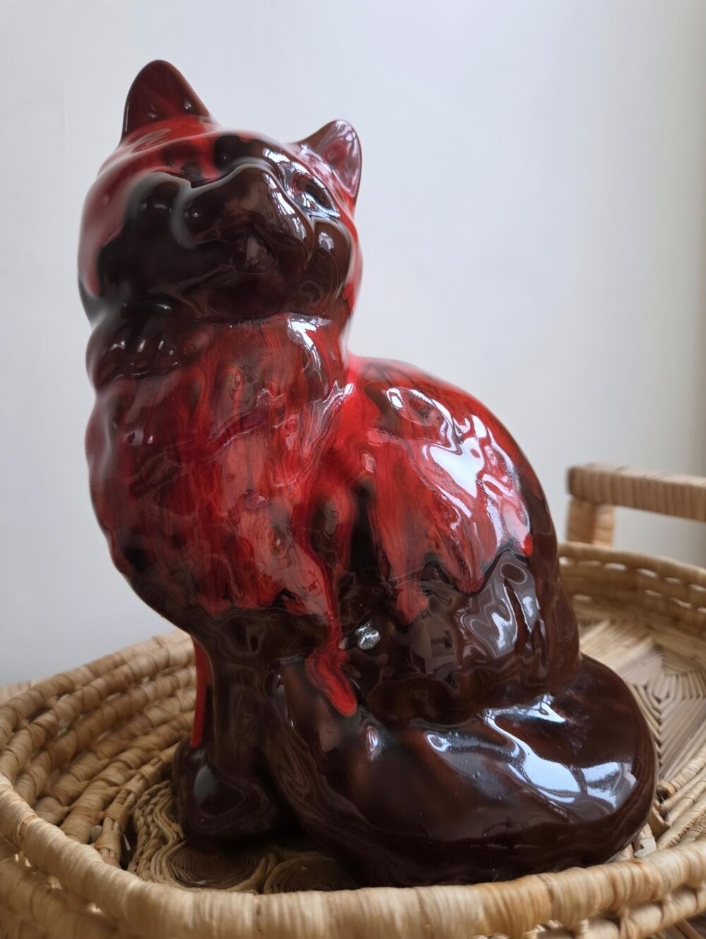 Vintage 1970s Mid-Century Ceramic Cat Figurine | Red & Black Glaze